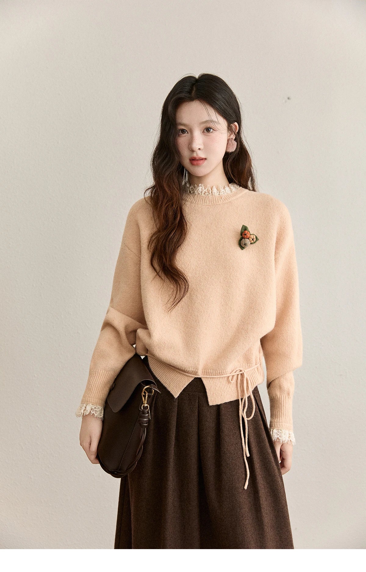 MISHOW Lace Trim Knitted Sweater Midi Skirt Set 2025 Winter Non Removable Brooch Decor Sweater Back Split Skirt Sets MXE92T1450