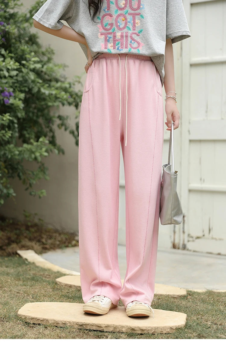 MISHOW Waffle Texture Fabric Loose Versatile Pants Summer Pocket Embroidered Elastic Waist Drawstring Casual Trouser MXD14K0608