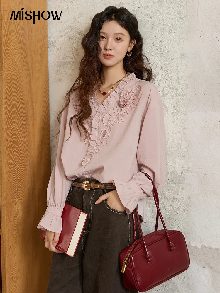 MISHOW Hand Sewn Rose Blouse for Women Autumn 2025 V-neck  Edible Tree Fungus Edge Tops Sweet Lantern Sleeves Blouses MXE44X2470