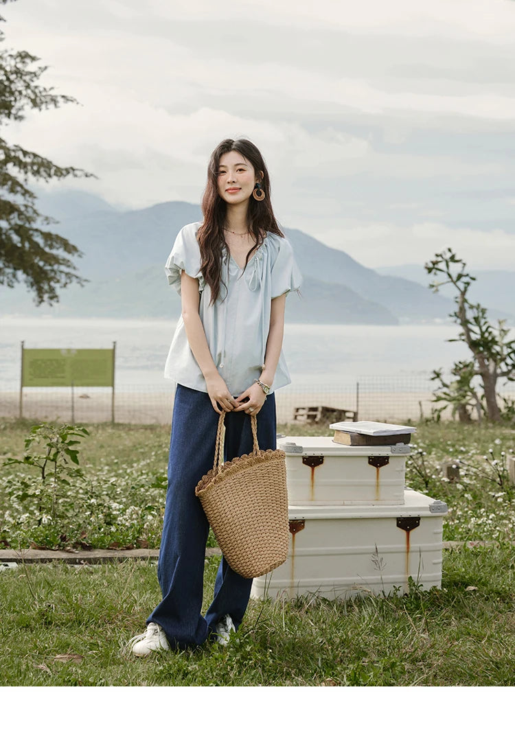 MISHOW Solid French Summer Blouses Woman 2025 New Short Puff Sleeve V-neck Beaded Retro Shirts Women Fashion Tops MXE33X1757