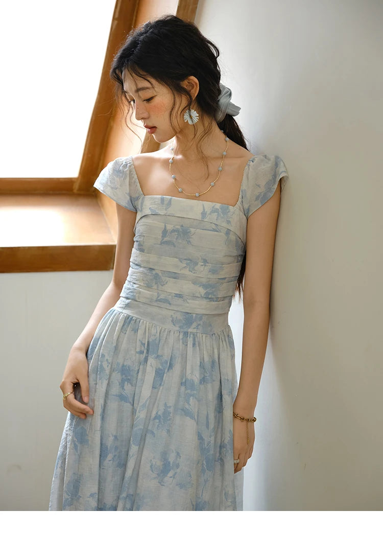 MISHOW Women's Fashion Print Dress 2025 Summer Square Neck Flying Sleeve Vacation High Waist Dresses Women's Clothing MXE35L2274