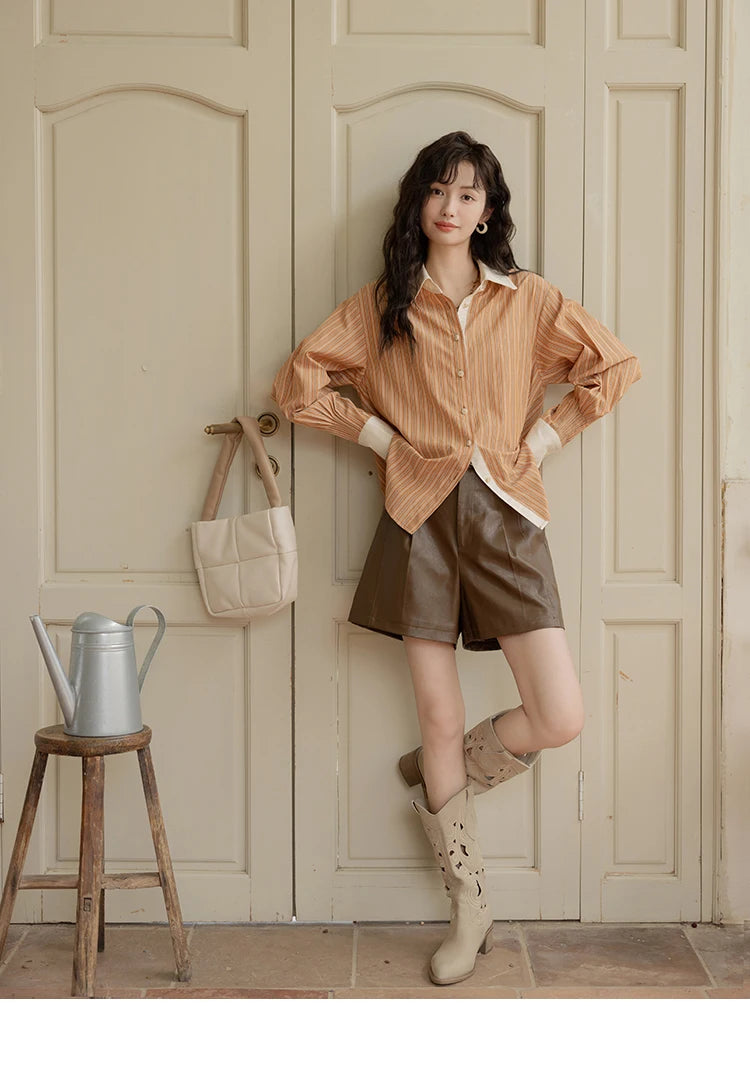 MISHOW Loose Striped Shirt for Women Autumn 2025 Contrasting Lapel Top Single Breasted Patchwork Shirts Office Lady MXD41C0286