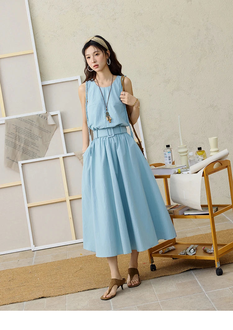 MISHOW Women's Vest Dress 2025 Summer Hand Woven Fried Dough Twists Waist Belt Slim Long Dress A-line Vacation Dress MXE34L2223