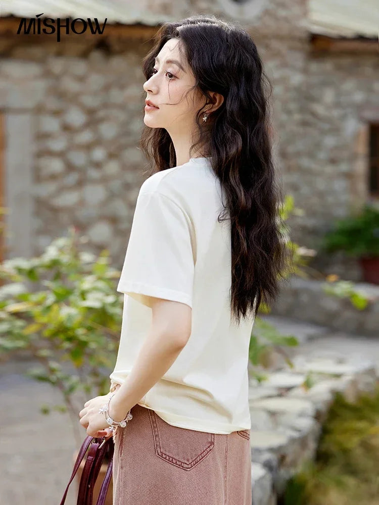 MISHOW Apricot Short Sleeved T-shirt Women 2025 Spring New Casual Versatile Heart Print Positive Shoulder Tops Outer MXE11T0491
