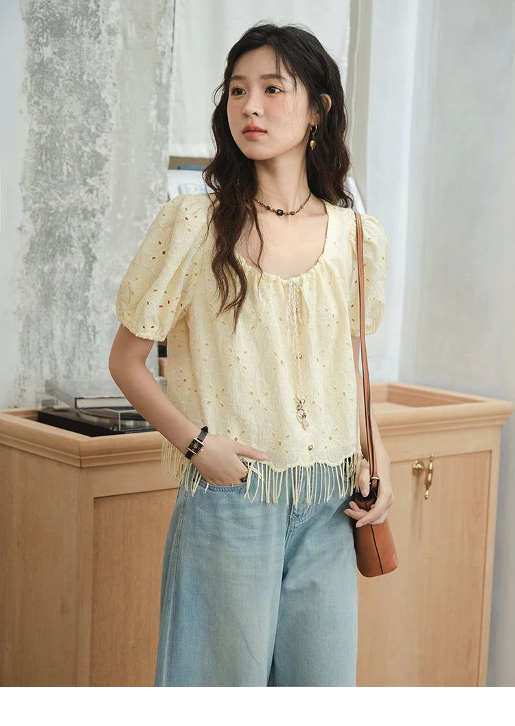 MISHOW Women's Fashion Hollow Out Blouse Summer 2025 Embroidery Puff Sleeve Square Collar Tassel Ladies Casual Top MXE37X1851