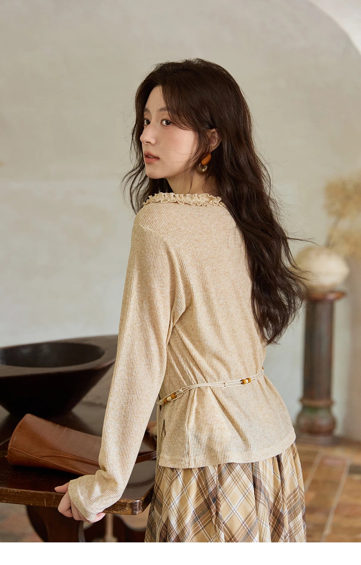 Mishow Apricot Ramie Knit Bohemian Belt Top MXE42Z1324