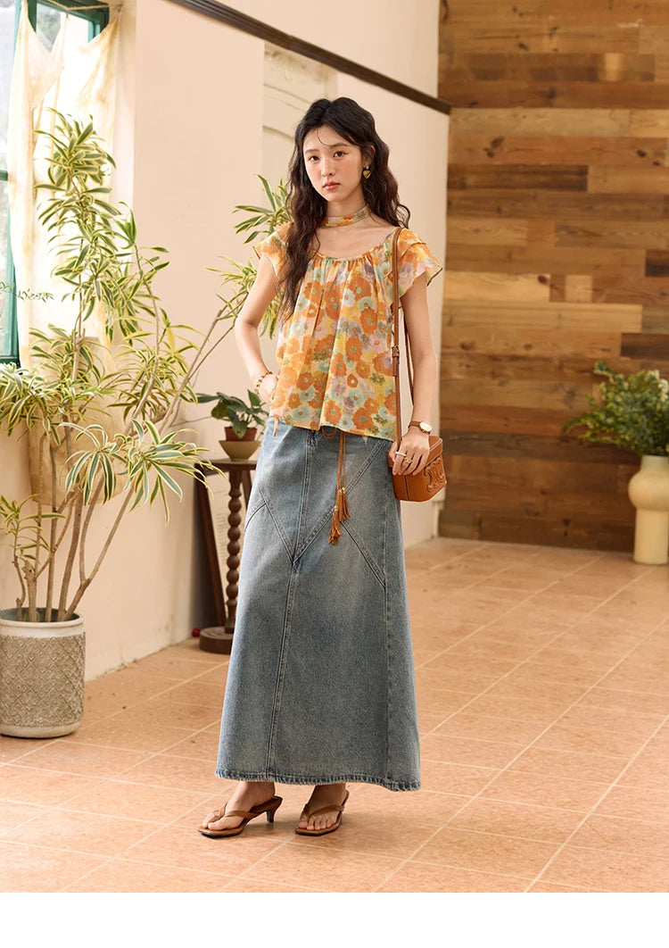 MISHOW 100 Cotton Citrus Oil Painting Printed blouse for Women 2025 Summer Vacation Korean Flying Sleeve Casual Top MXE36X1872