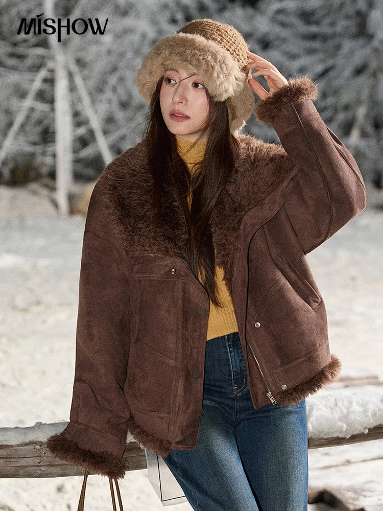 MISHOW Women's Blue Jacket 2025 Winter Blue Plush Turn-down Collar Zip-up Coat Fashion Casual Warm Loose Coat Woman  MXE87W0917