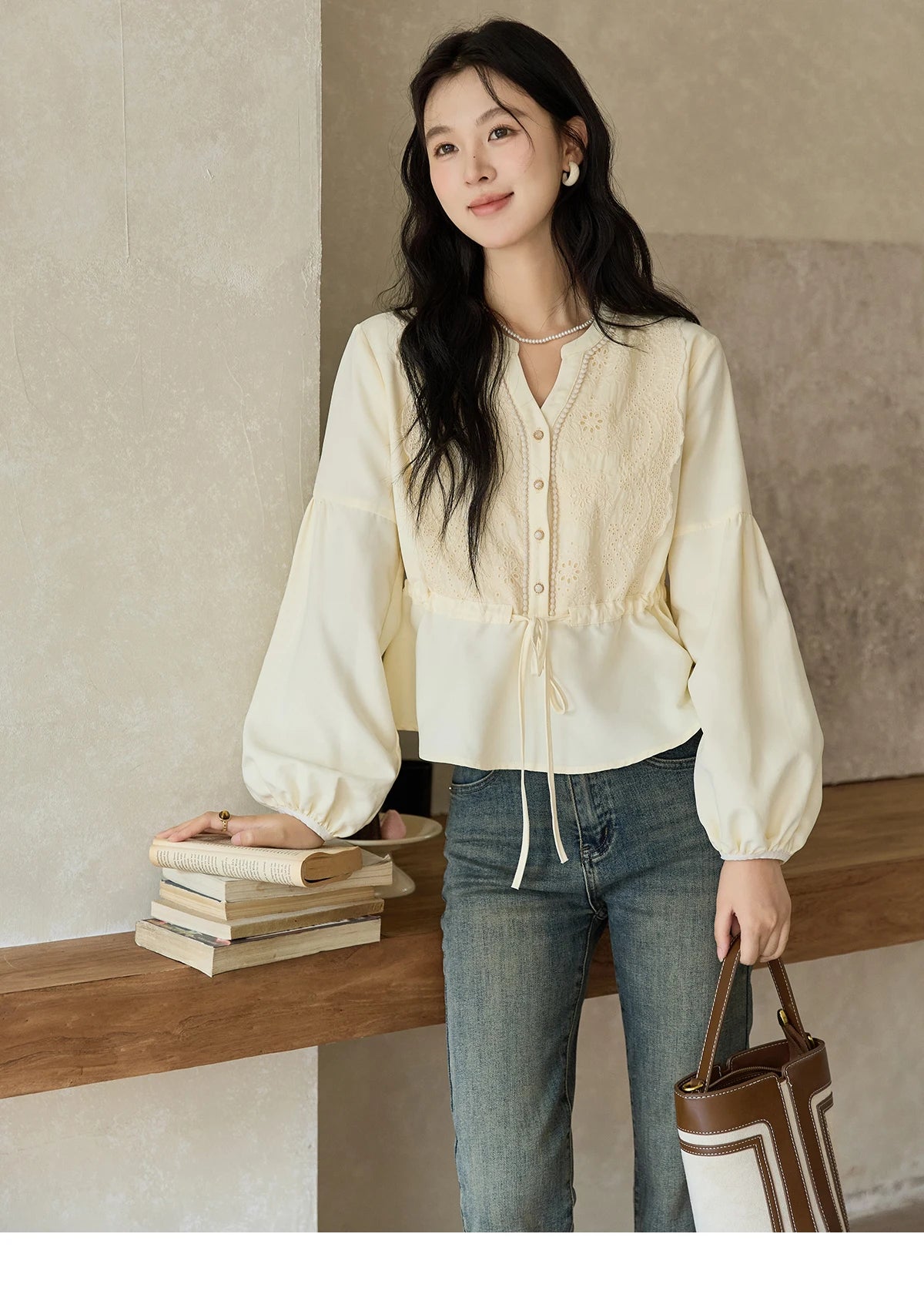 MISHOW Women's French V-neck Blouse Lace Lantern Sleeve Long-sleeved Blouses 2024 Fall Tie Drawstring Waist Slim Tops MXD45X1660