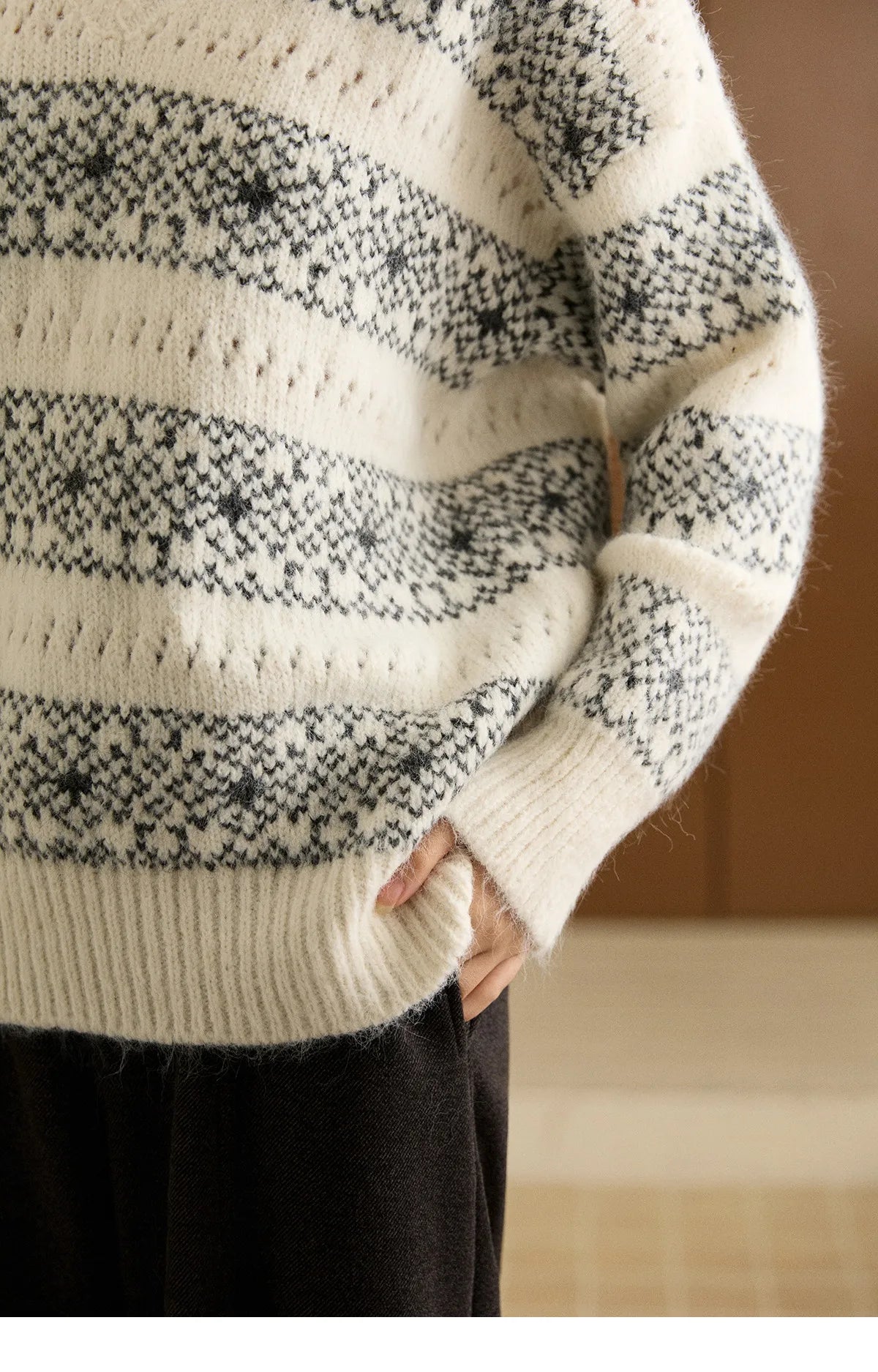 MISHOW Women's Fair Isle Knitted Sweater 2025 Winter V-neck Wool Blend Casual Tops Removable Hood Warm Loose Sweaters MXE94Z2979