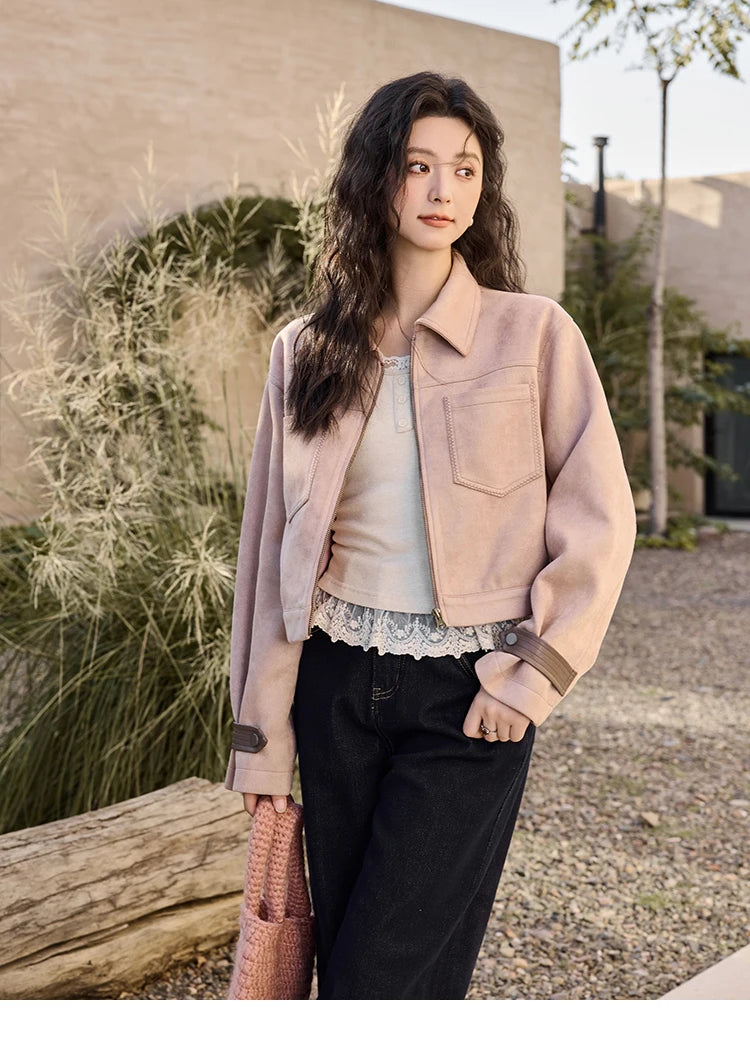 MISHOW Suede Symmetric Pocket Jacket American Vintage Zipper Short Outwear 2024 Winter Sweet Slim Lapel French Jacket MXD48W0478