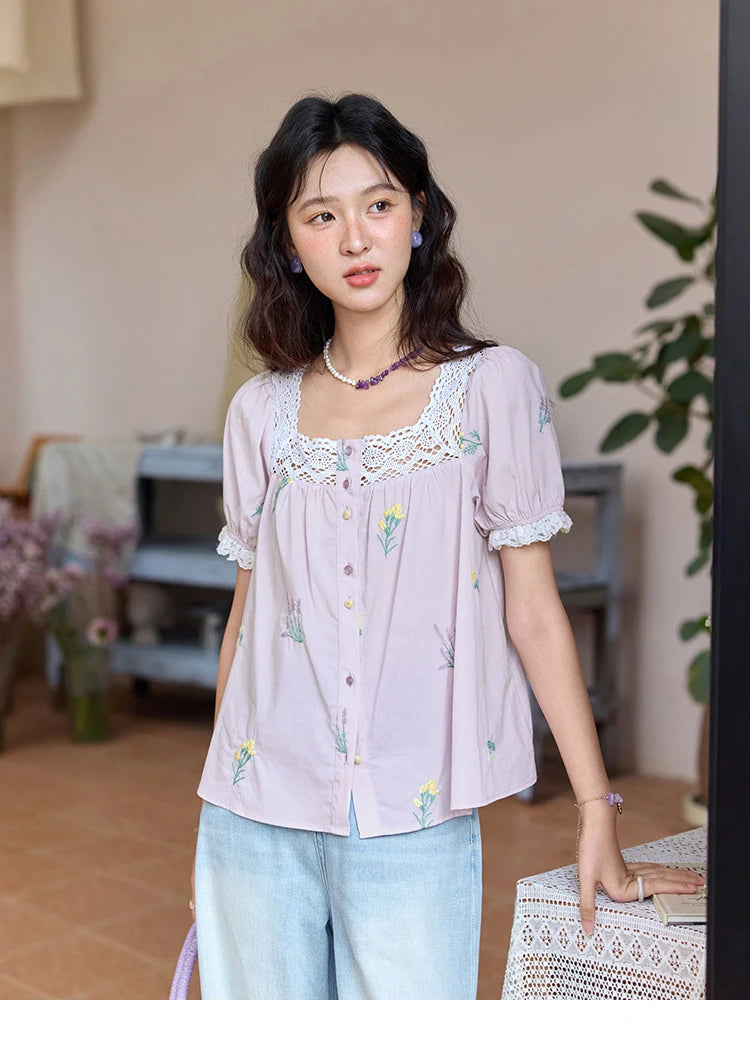 MISHOW Women's Lace Patchwork Embroidered Blouses 2025 Summer Korean Elegant Square Collar Blouse Short Sleeved Tops MXE36X1830
