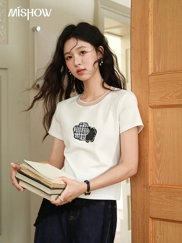 MISHOW Lace Edge Splicing Short Sleeve T-shirt for Women 2025 Summer Female Round Neck Simple Top Women's Clothing MXE38T0630