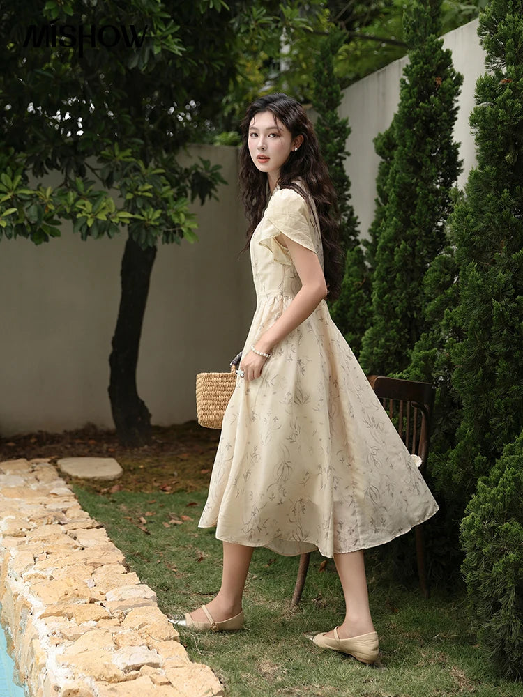 MISHOW Chinese Improved Cheongsam Floral Dress for Women 2024 Summer Hollow Out Fake Two-piece Printed Chiffon Dress MXD23L1799