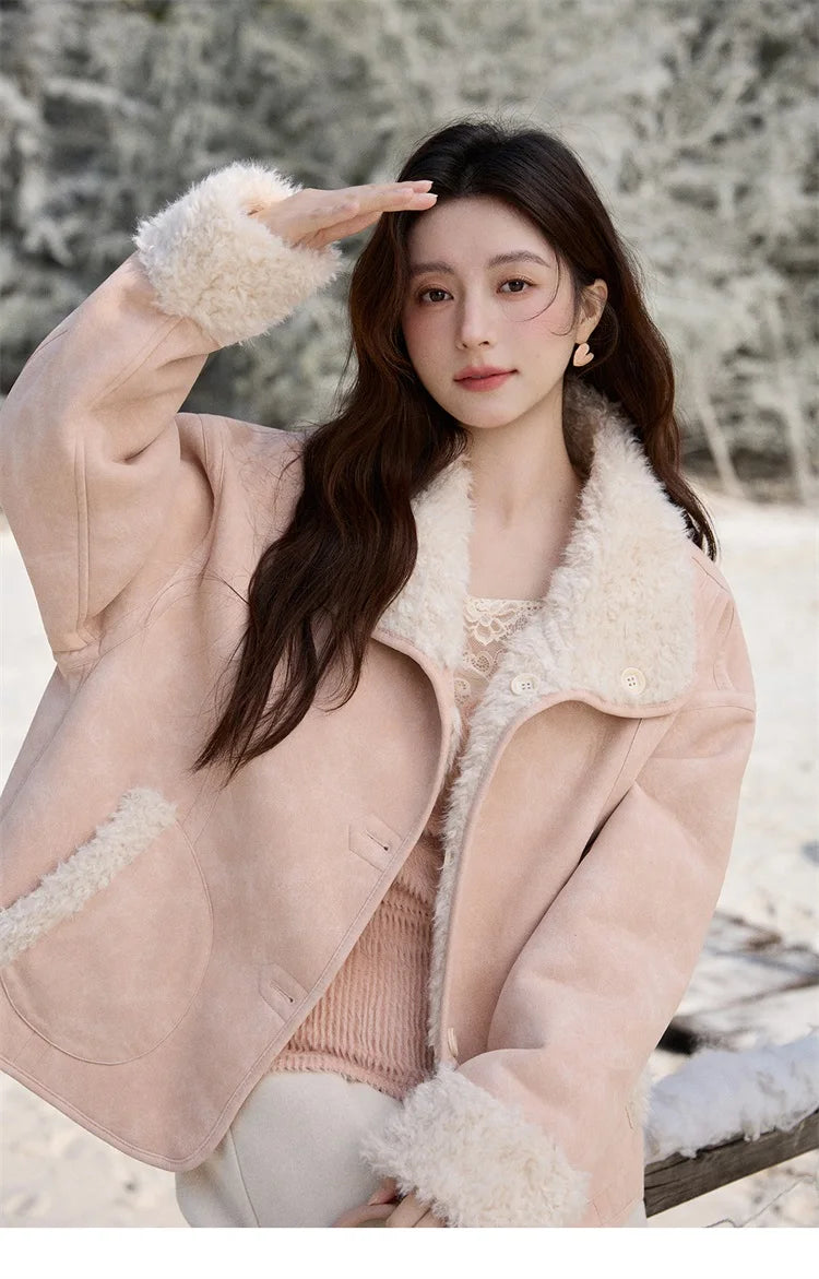 MISHOW Women's Double Sided Wearing Jacket 2025 Winter Lamb Wool Lapel Coat Warm Windproof Commuter Coat with Pockets MXE91W1015