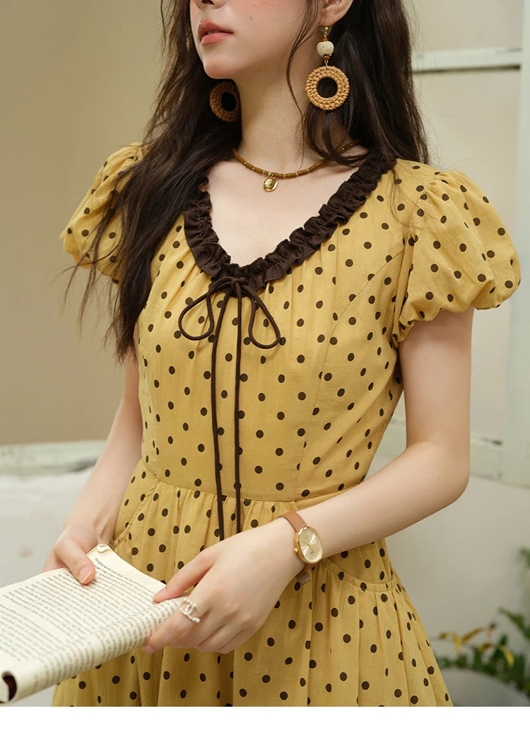 MISHOW Women's Casual Polka Dot Dress 2025 Summer New Ladies Puff Sleeve V-neck Lace Up Ruffle Edge Pocket Dresses MXE39L2326