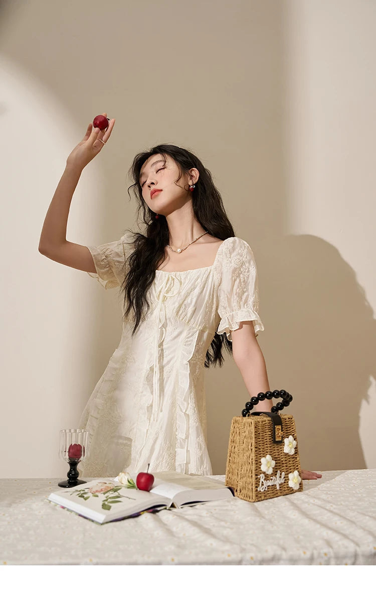 MISHOW Square Neck Vertical Stripe Ruffle Edge Dress 2025 Summer Tea Break French Bubble Sleeve Vacation Long Dresses MXD27L1808