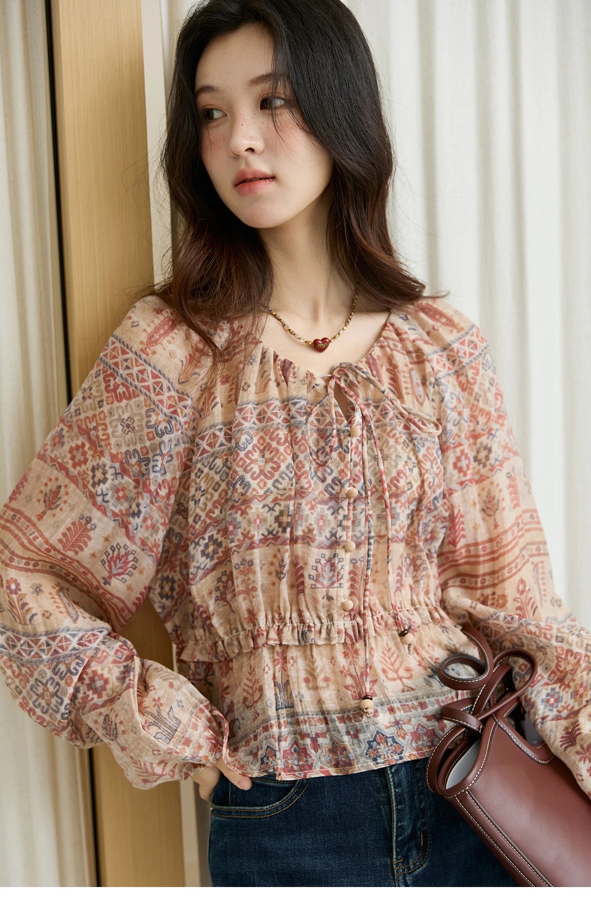 MISHOW Blouse Women 2025 National Style Printed Waist Round Neck Long-sleeved Top Commute Comfortable Autumn Blouse MXE47X2508