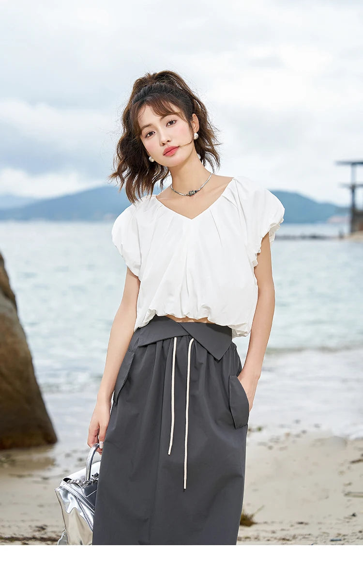 MISHOW Soft Blouses for Women 2025 Summer French Rear Collar Tie Up Solid Short Sleeve Solid V Neck Puff Sleeve Tops MXC38X1275