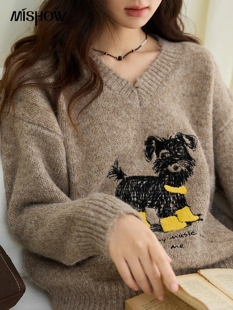 MISHOW Women's Long Sleeve Pullovers 2025 Autumn Winter New Puppy Embroidery Loose Casual V Neck Knit Sweater Luxury  MXE48Z2570