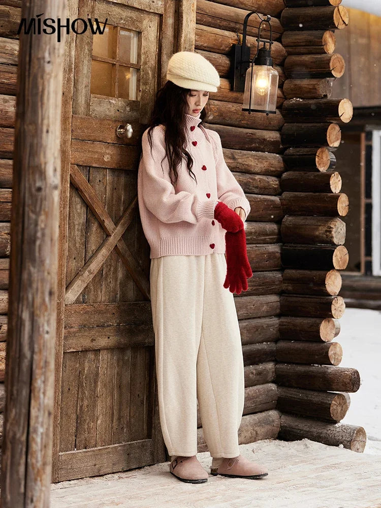 MISHOW Love Heart Button Sweater Color Clash Women Winter Clothing Knitted Cardigan Loose Versatile Thick Warm Tops MXD58Z1127