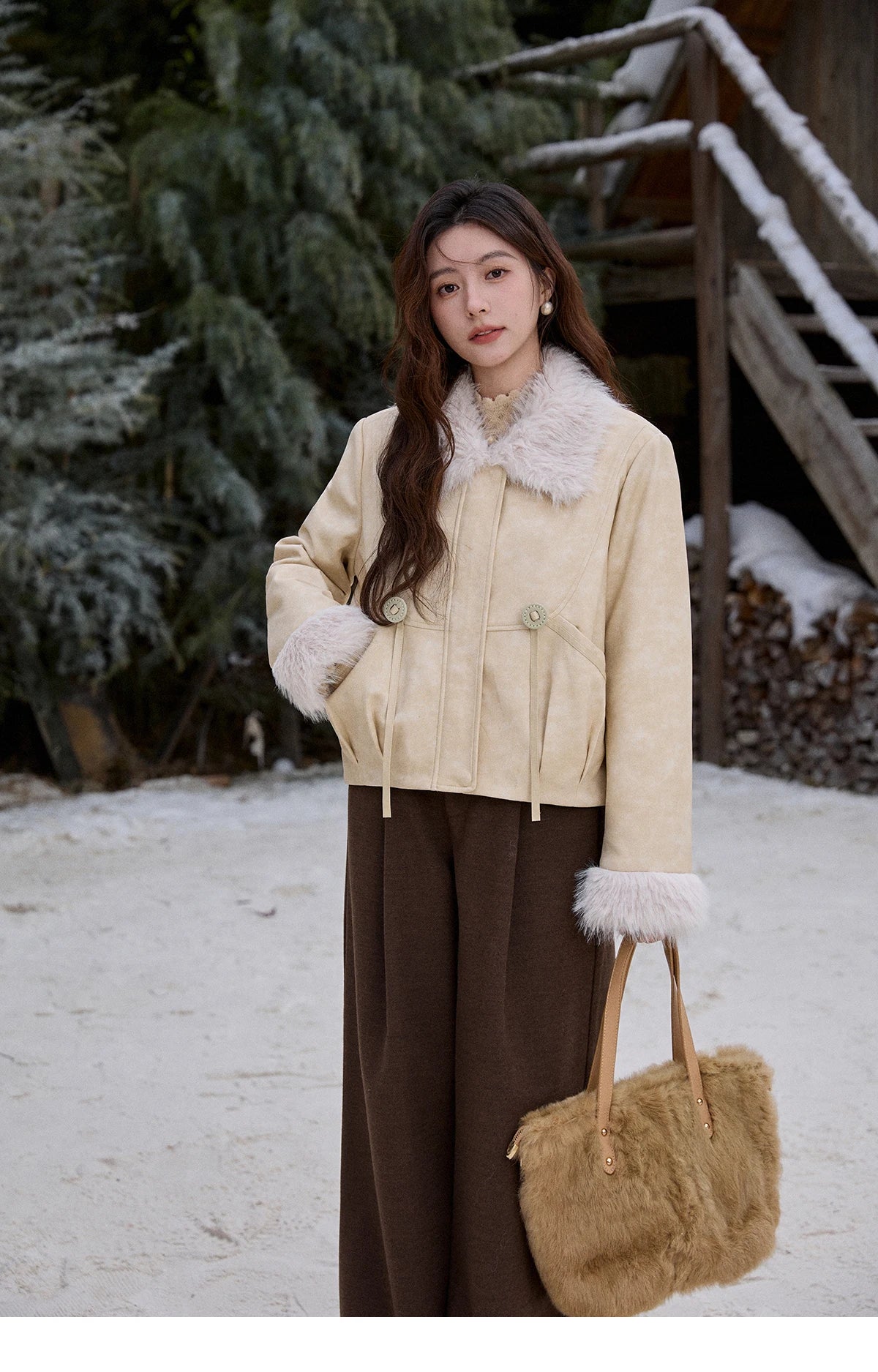 MISHOW Apricot Suede Jacket with Plush Collar Lapel for Women 2025 Winter Warm Overcoat Ladies Retro Thickening Coats MXE91W0987