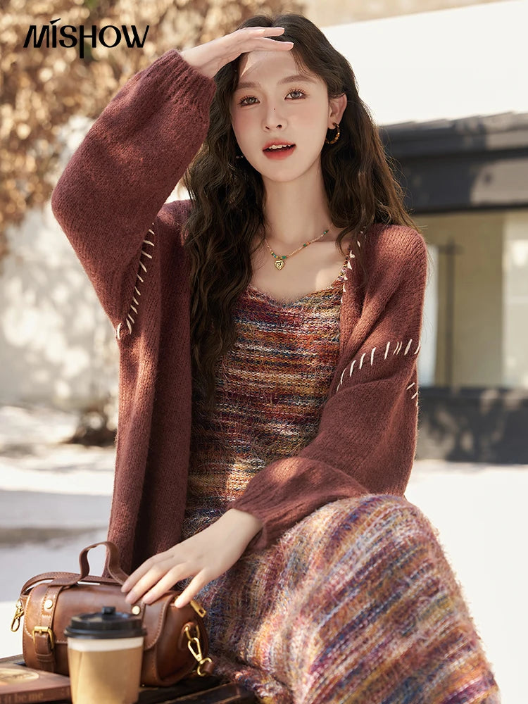 MISHOW Retro Slip Knitted Dresses Coat Separately Women Autumn Winter Sweater Cardigan Slim Knit Suspender Dress MXC59L1625