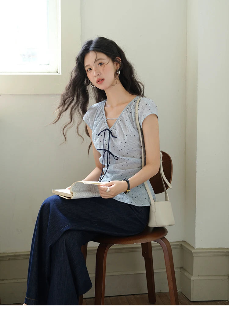 MISHOW Women's Elegant Blouses 2025 Summer Ladies V-Neck Bow Spliced Polka Dot Garment Sleeves Top Female Clothing MXE37X1909