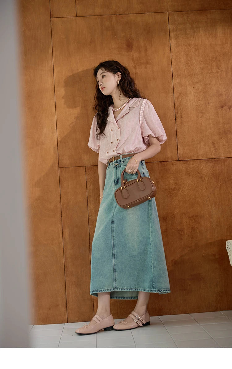 MISHOW Retro Pink Short Sleeved Shirt 2024 Summer V-neck Folded Ruffled Edge Top Elastic Cuffs Lapel Neck Blouses MXD29C0273