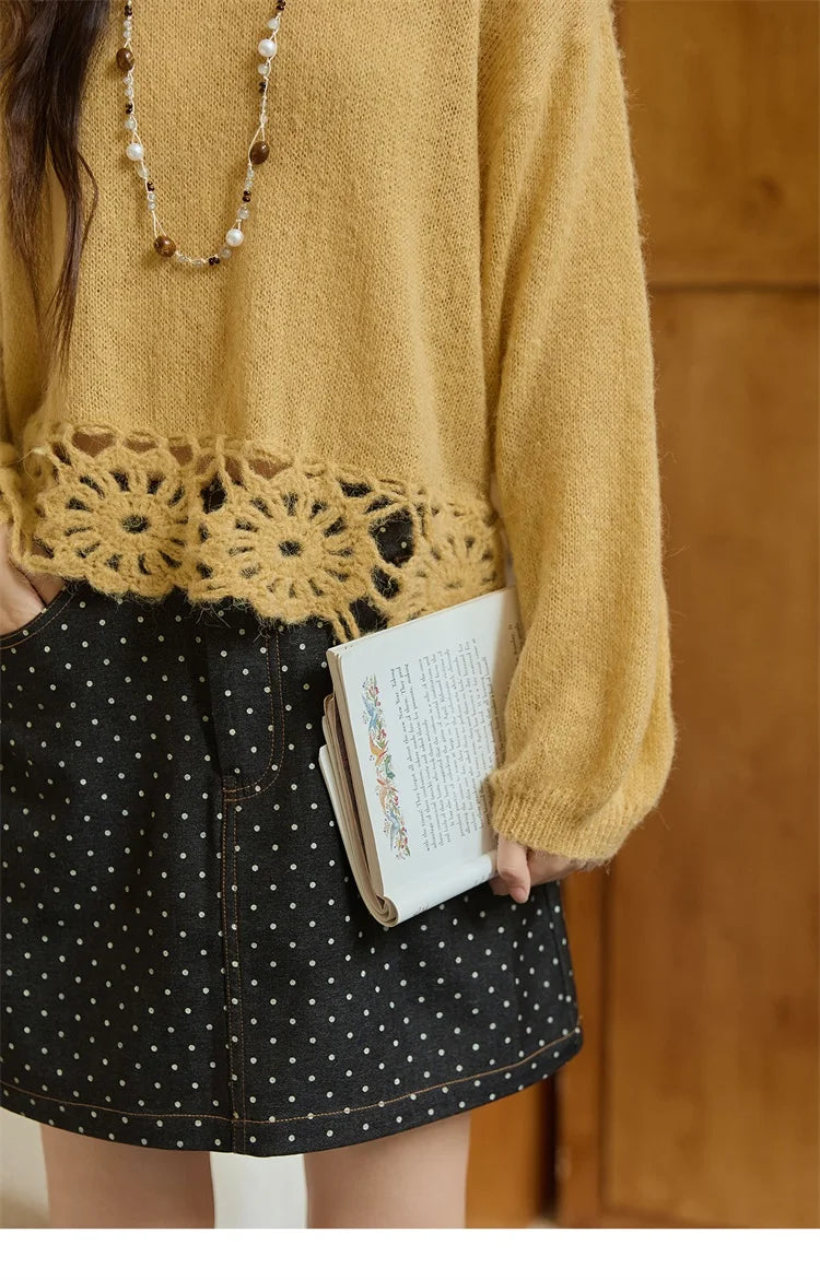 MISHOW Woman Sweaters 2025 Elegant French Hollow Out Floral Sweater Loose O-neck Long Sleeves Knit Top Autumn Clothes MXE44Z2491