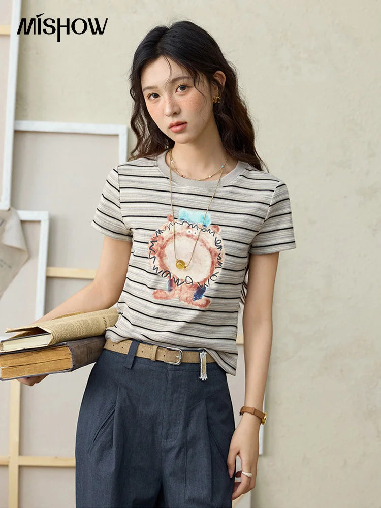 MISHOW Striped Cartoon Pufferfish Printed T-shirt for Women Summer 2025 Slim Shoulders Cotton Tees Short Sleeved Top MXE32T0538