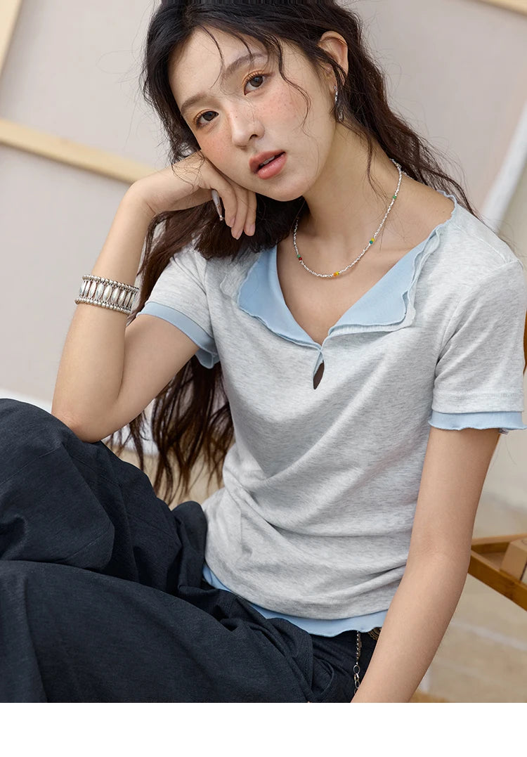MISHOW Grey Blue Fake Two Piece Contrasting T-shirt for Women Summer 2025 Lapel Wavy Edge Slim Tees Cotton Blend Top MXE35T0567