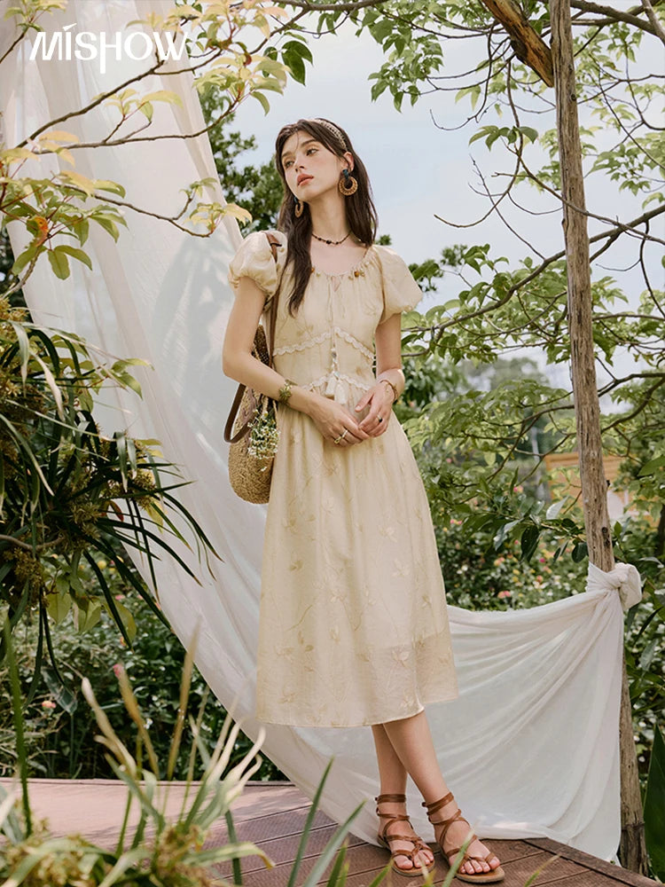 MISHOW Print Office Lady Dress Women Summer 2025 Short Sleeve Round Neck Beaded Neckline Slim Waist Dresses Female MXE33L2208