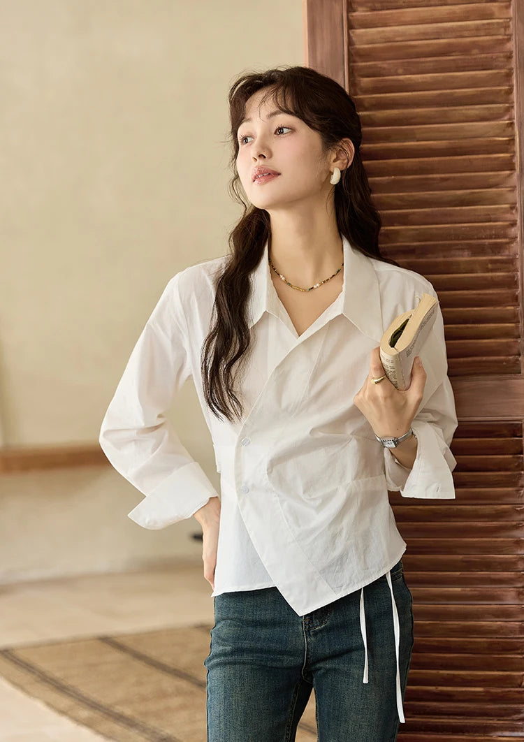 MISHOW French Side Placket Asymmetric Shirt Autumn 2025 Pleated Waist Lapel Shirts Long Sleeve Loose Commuter Tops MXD45C0357