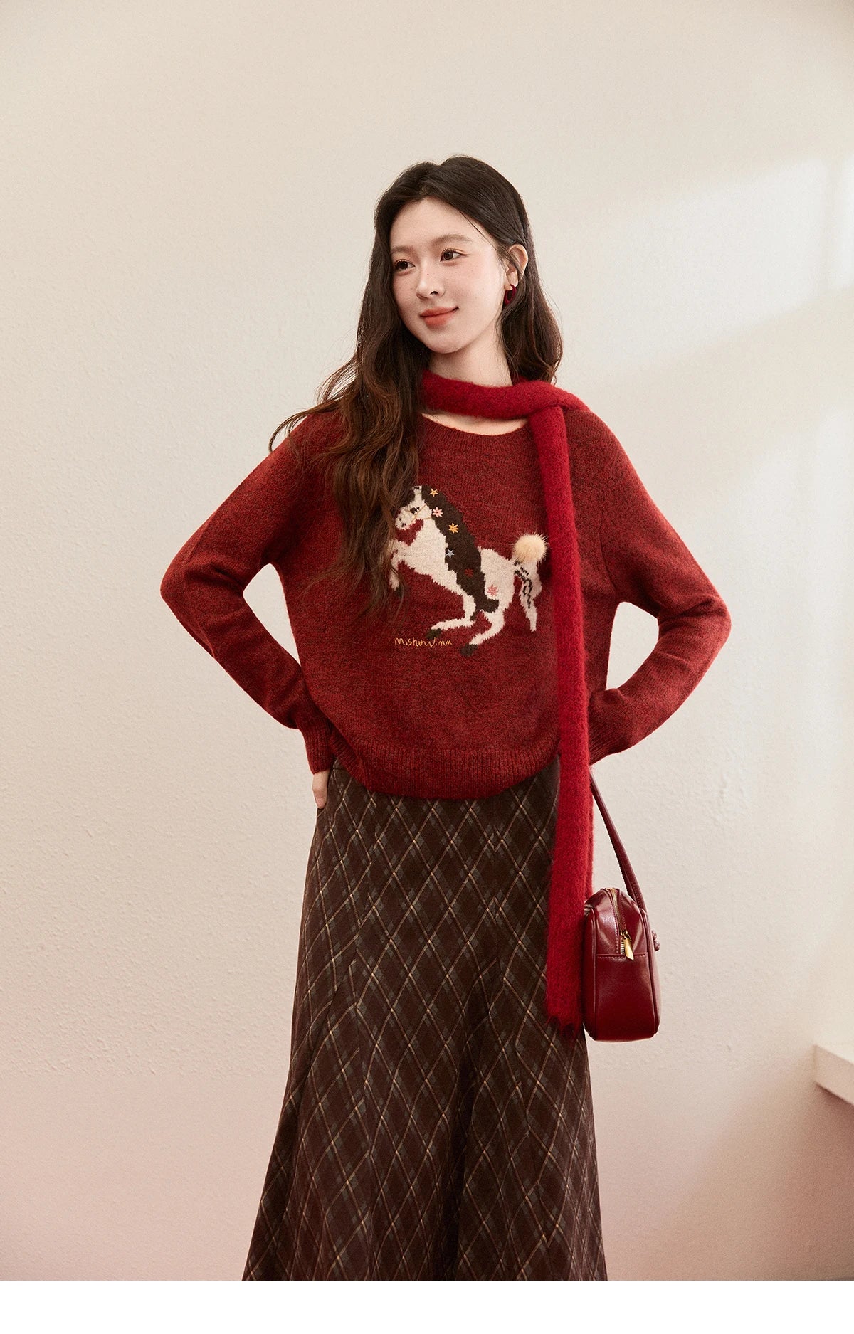 MISHOW Women's Christmas Red Jacquard Embroidered Pony Sweater 2025 Winter Thick Knitted Tops (Scarf Not Included) MXE94Z2861