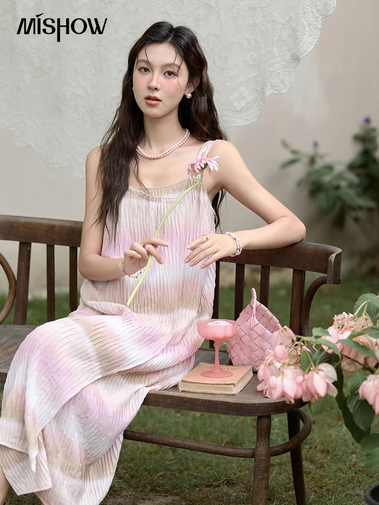 MISHOW Pink Striped Suspender Dress for Women 2025 Summer Sleeveless Irregular Front Dress Wave Mid Length Dresses MXD29L1930