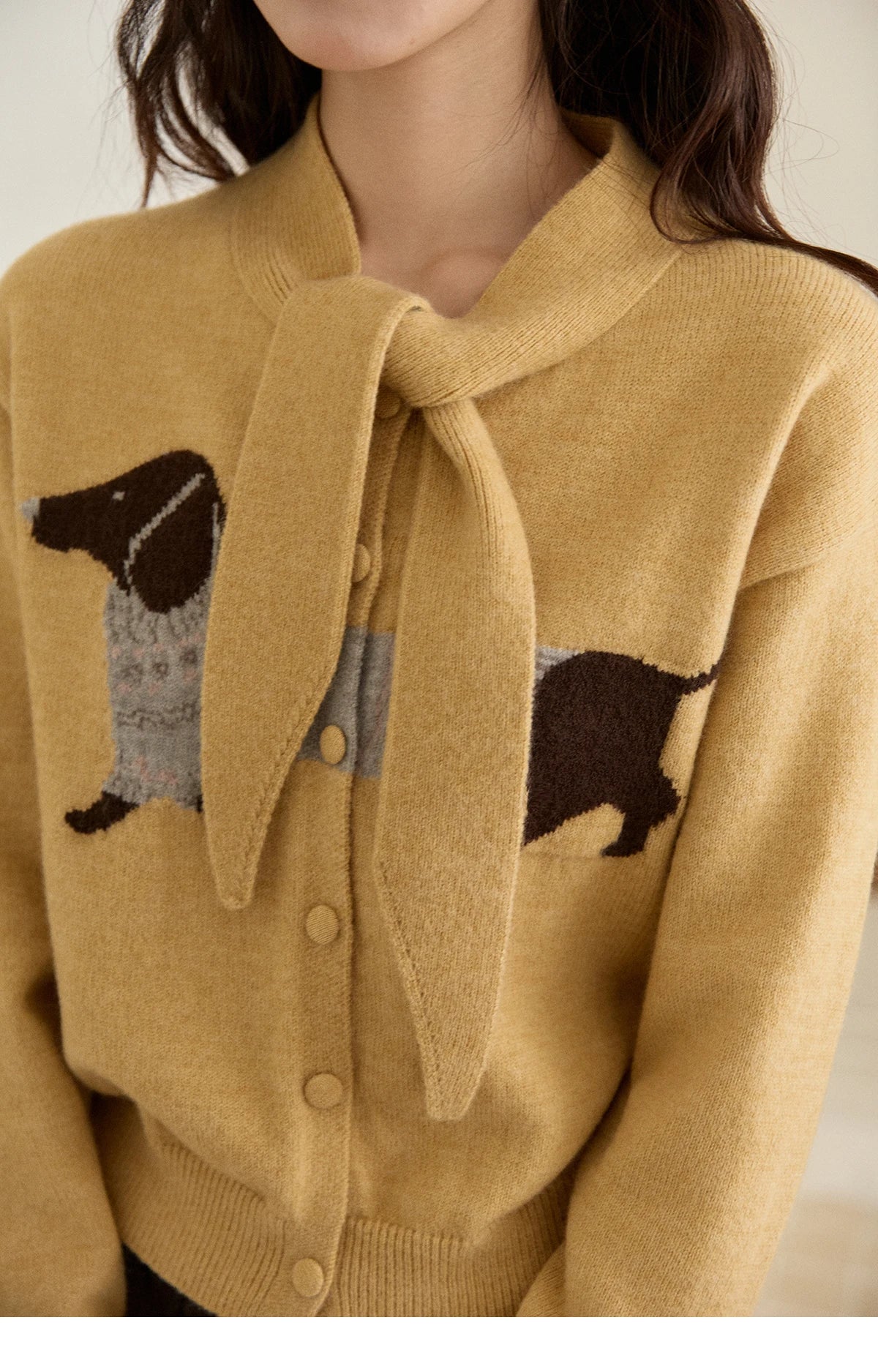 MISHOW Women's Pink Knit Cardigan 2025 Autumn Winter Dachshund Pattern Bow Collar Sweaters Single-breasted Loose Tops MXE94Z2997