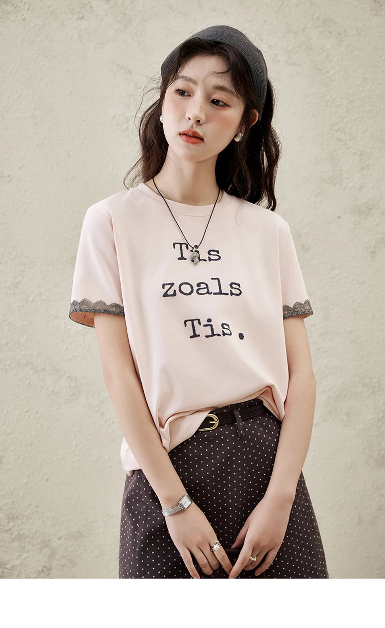 MISHOW Casual Pink Letter T-shrit Women Summer 2025 New Short Sleeve Round Neck Shirts Woman Fashion Lace Tops Lady MXE32T0529