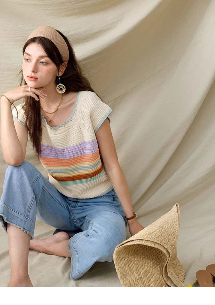 MISHOW Casual Stripe Knitted Pullover Women Summer New 2025 Short Sleeve Round Neck Slimming Tops Female Office Lady MXE31Z1222
