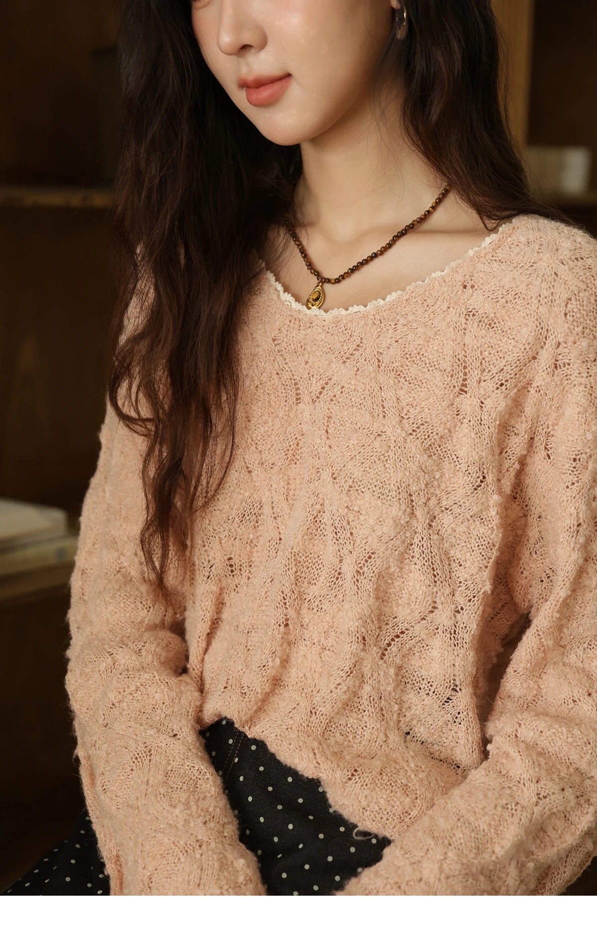 MISHOW Bamboo Loop Yarn Knitted Sweater for Women Autumn 2025 Hollow V-neck Lace Sweater Casual Solid Pullovers Tops MXE43Z1349