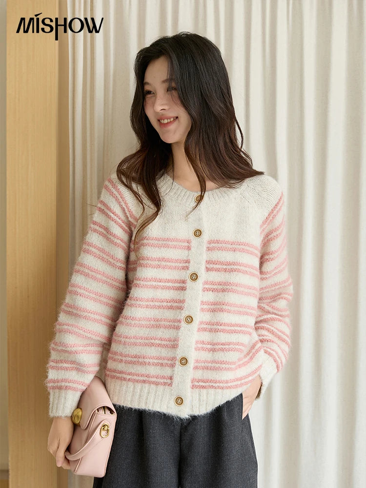 MISHOW Women's Pink Striped Cardigan 2025 Autumn Winter French Style Round Neck Wool Blended Sweater Loose Casual Top MXE49Z2615