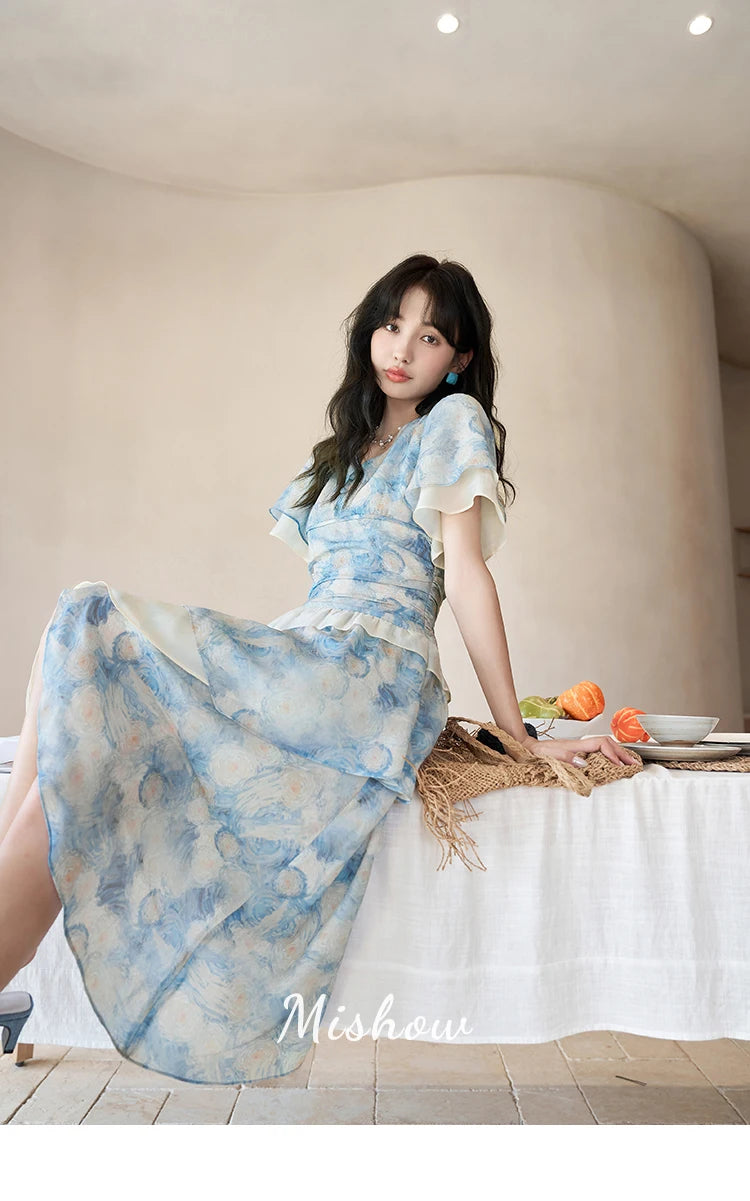 MISHOW [Van Gogh Collection] Fairycore Dresses 2025 Summer Double Layer Sleeves Asymmetrical V-Neck Printing Dress MXC39L1527