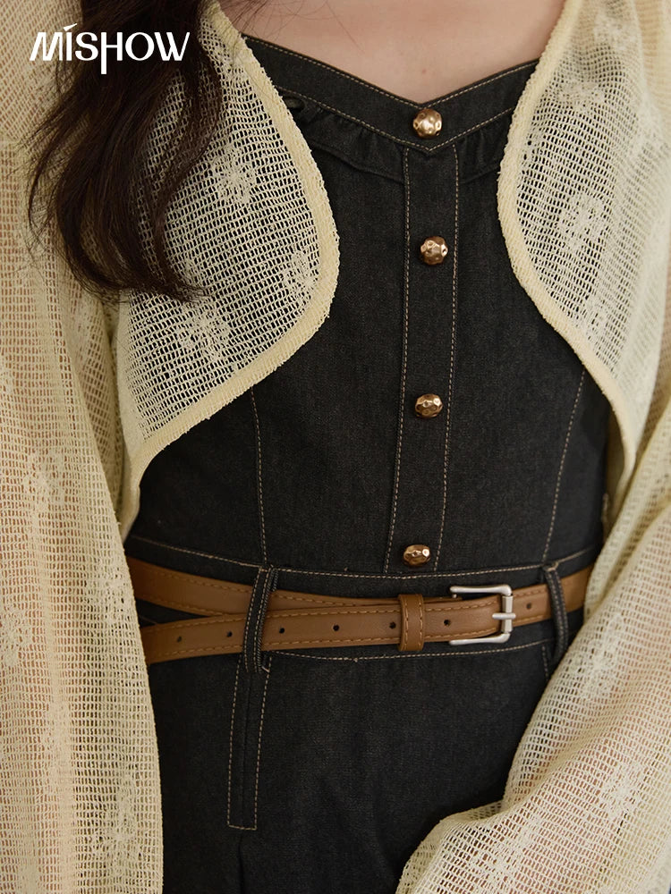 MISHOW Women's Two-Piece Set 2025 Lantern Sleeves Knitted Cardigan Imitation Denim Strap Dress Set With Belt Included MXE41T0704