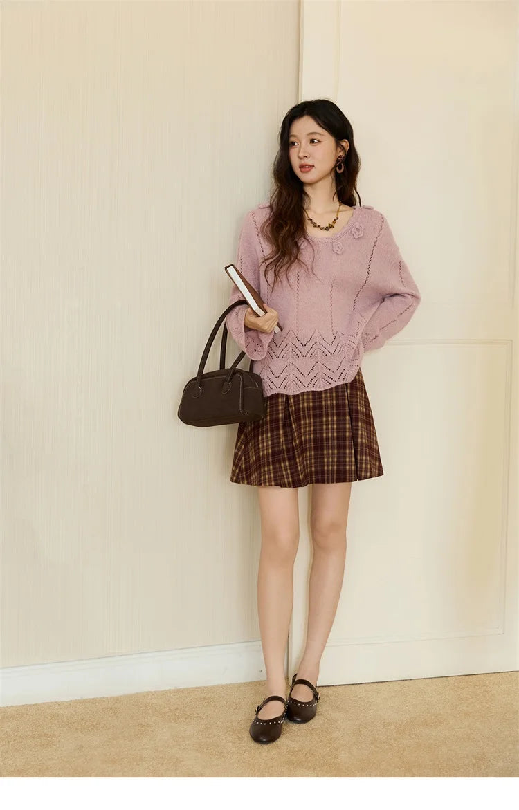 MISHOW Elegant Women's Sweaters 2025 Autumn Purple Hollow Out Wave V-neck Crochet Design Knitted Top Casual Pullovers MXE45Z1391