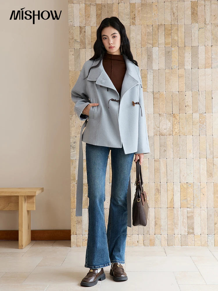 MISHOW Blue Woolen Coat Women 2025 Winter New Double-breasted Lace Up Coat Mid-length Windbreaker Women's Clothing MXE51W0872