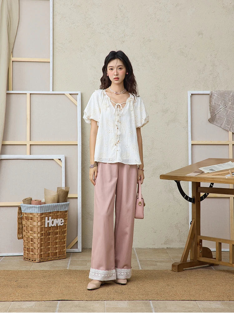 MISHOW Fashion Embroidery Jacquard Design Short Sleeve Shirt for Women 2025 Summer New V-neck Lace Up Retro Loose Top MXE35X1790