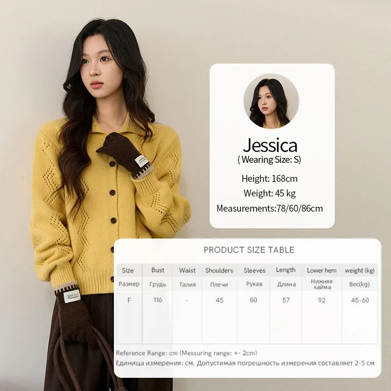 MISHOW Women's Hollow Pattern Knitted Cardigan 2025 Winter Yellow Lapel Single Breasted Sweater Loose Pullover Tops MXE94Z2961