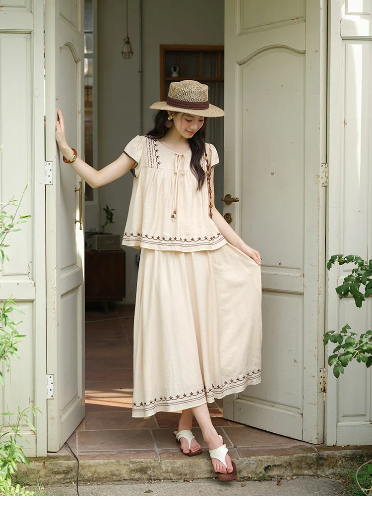 MISHOW Women Two Piece Set 2025 Summer Female Embroidery Flying Sleeve Lace Spliced Top Loose Elastic Waist Skirt Set MXE39T0667