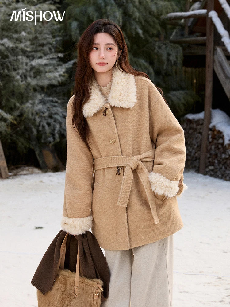 MISHOW Women's Thick Wool Blend Coat 2025 Winter Korean Retro Fleece Patchwork Coats Belted Lapel Elegant Overcoat MXE92W0997