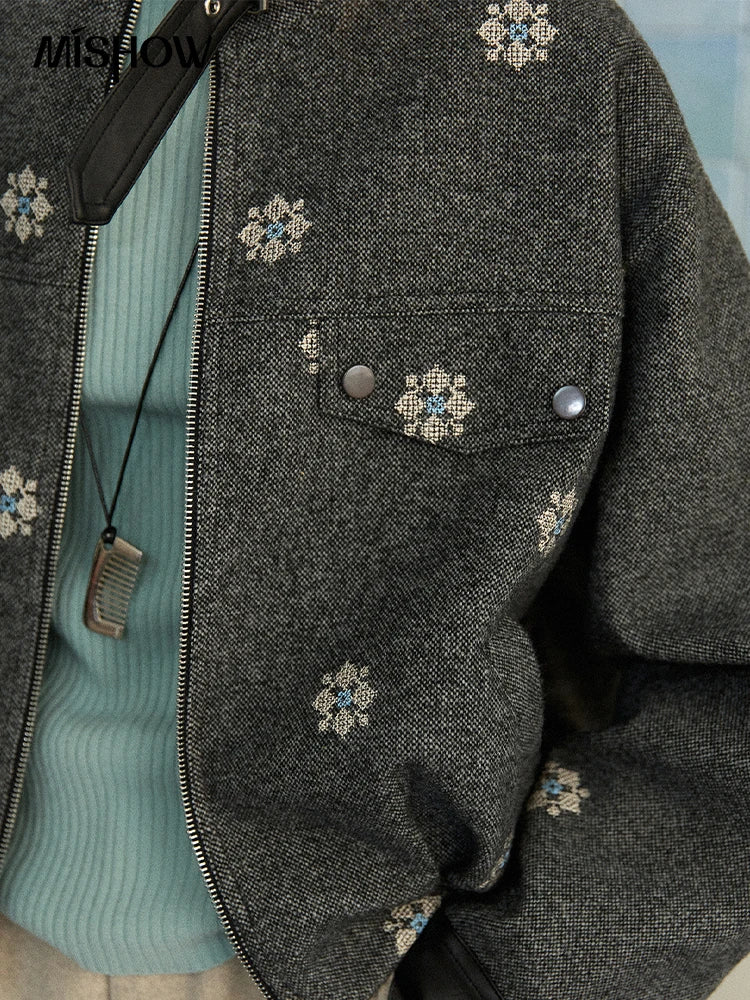 MISHOW Women's Wool Blend Jacket 2025 Winter Retro Small Flower Embroidery Decorated Coat Turtleneck  Zipper Jacket MXE86W0906